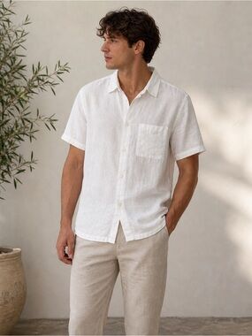 H&M Linen Shirt Men L Relaxed Fit White Short Sleeve Button Up